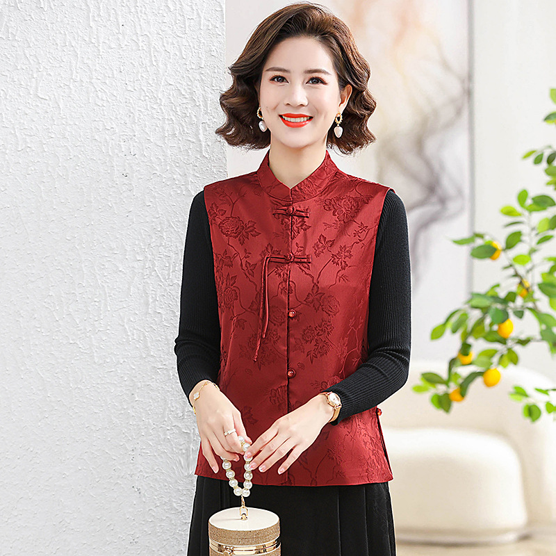 Picture of Chinese style satin jacquard vest Vest Women's Spring and Autumn New Stand Collar buckle retro vest short top