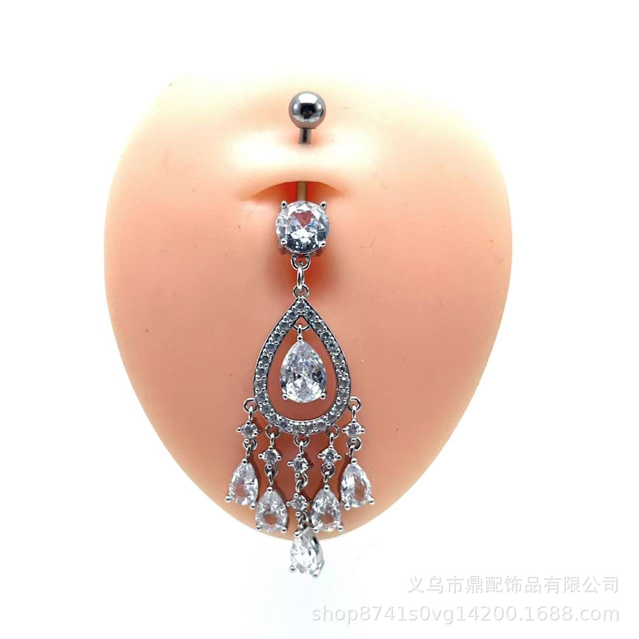 Cross-border hot selling inlaid 3A zircon geometric tassel navel ring female Europe and the United States exaggerated personality temperament navel nail source factory