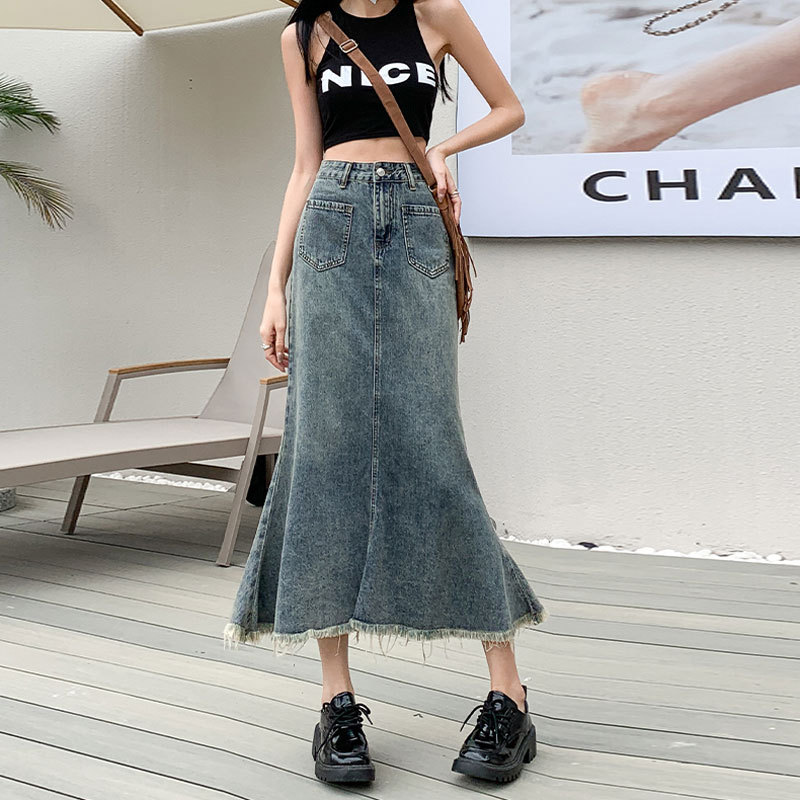 Picture of Vintage Fishtail Skirt Denim Skirt Women's ins Style Design Sense Niche A- line Hip High Waist Half-length Skirt