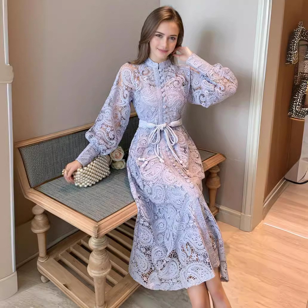 2024 cross-border foreign trade independent station slimming lace hollow lantern long sleeve slim lace-up long dress women