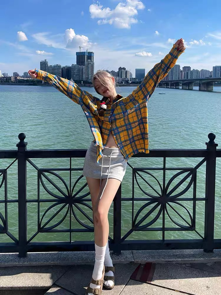 Yellow Plaid Long-sleeved Shirt Women's Outer Wear Thin Loose Ins Fashion Brand Commuter Retro Niche Sun-protective Jacket