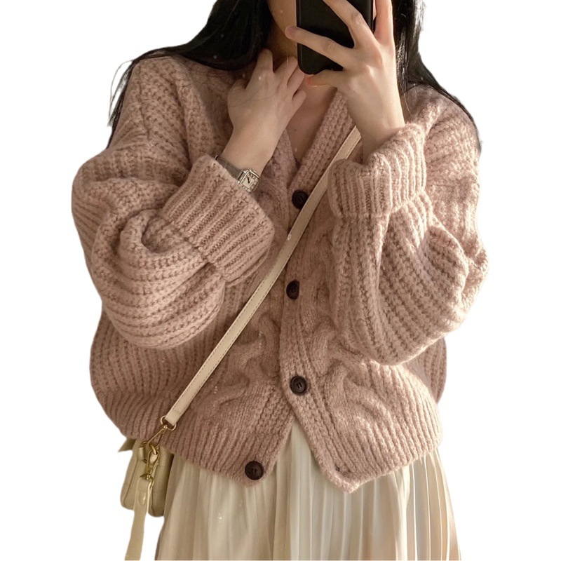 Sweater cardigan women's spring and autumn Korean style retro small top loose long sleeve French twist sweater coat