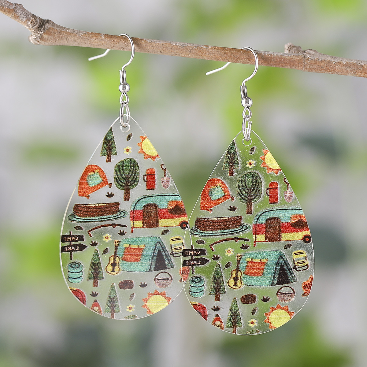 Cross Border New Summer Camping Music Party Bonfire Party Theme Earrings Transparent Acrylic Water Drop Earrings for Women