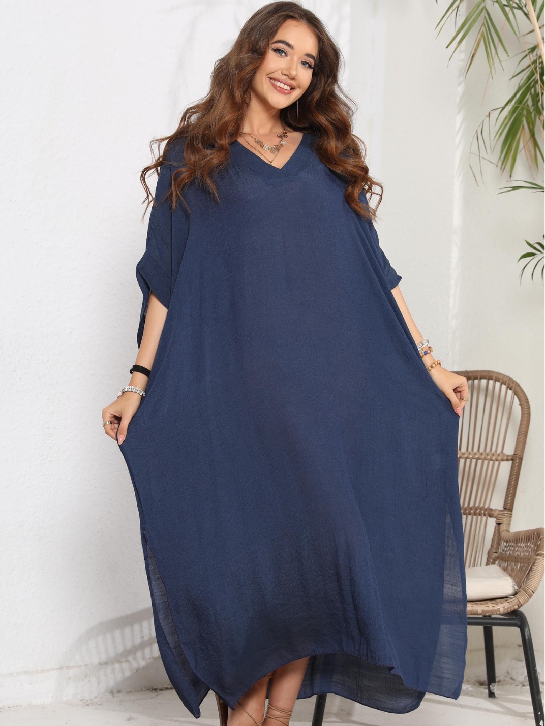 Women's Beach Cover-Up Cross-Border European and American Clothing V Neck Loose Casual Dress Slit Floor-Length Skirt A11777