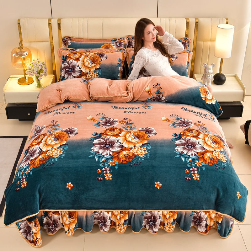 High Weight Milk Fleece Four-Piece Set Gold Mink Fleece Four-Piece Set Autumn and Winter Thickened Coral Fleece Bed Skirt