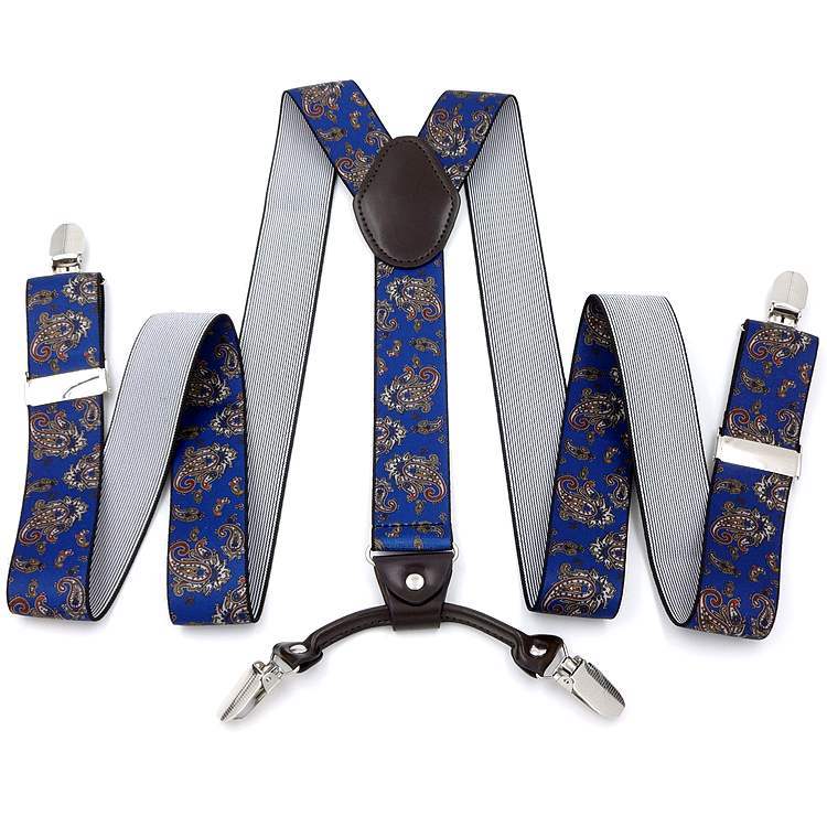 Men's Strap Suit Pants Strap Strap Suspender Strap for the Elderly Men's Fat People's Four-clip Printed Blue