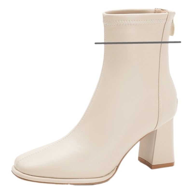 Full cowhide thin boots square toe Korean style ankle boots back zipper autumn and winter fleece-lined French style thick high heel short boots women's single boots