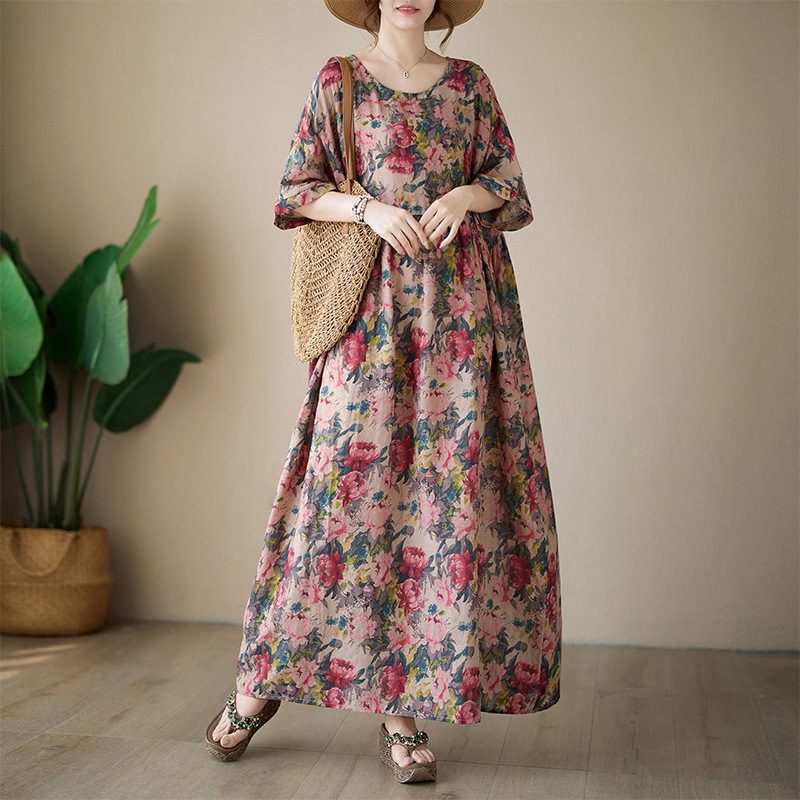 Real Pat 24 Summer Thin Cotton and Linen Round Neck Pink Printing Super Fairy Large Swing Simple Bohemian Long Dress 128