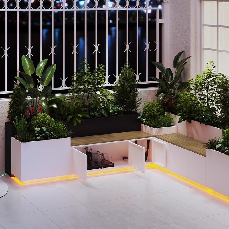 Outdoor Flower Box Seat with Cabinet Door Balcony Landscape Anticorrosive Wood Bench Sitting Stool Combination Courtyard Stainless Steel Planting