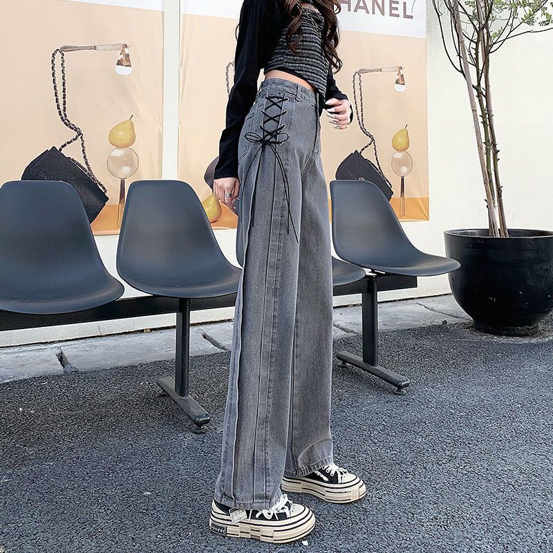Design Sense Niche Strap Jeans Women's Spring and Autumn High Waist Loose Slimming Straight Tube High Street Instagram Popular Wide Leg Pants