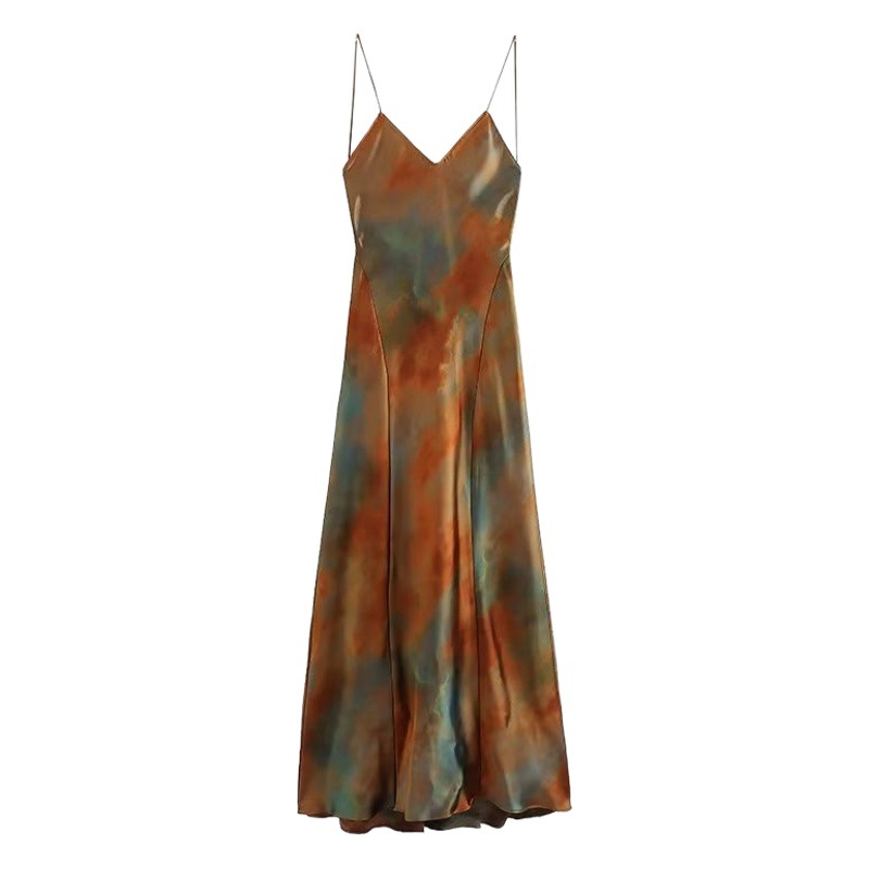 9590 summer new women's clothing European and American style sling V-neck silk satin texture printed backless dress