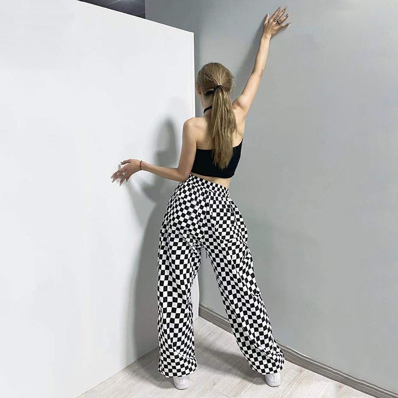Picture of Black and White Chessboard Plaid Pants Women's Hip-hop 2024 Loose Wide-leg Trendy Jazz Dance Casual Sports Pants High Street Trendy