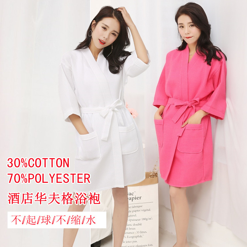 Spring and summer waffle bathrobe couple's nightgown cotton women's pajamas hotel spa home clothes seven-sleeve bathrobe embroidery