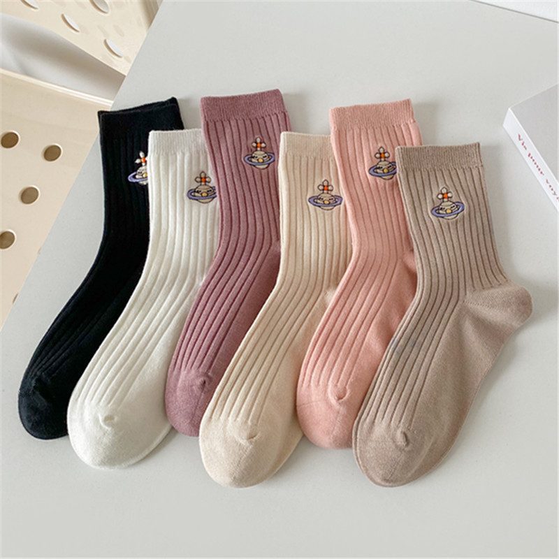 Pure color cotton socks women's mid-calf candy double needle embroidered cotton socks ins trendy sweat-absorbent breathable casual