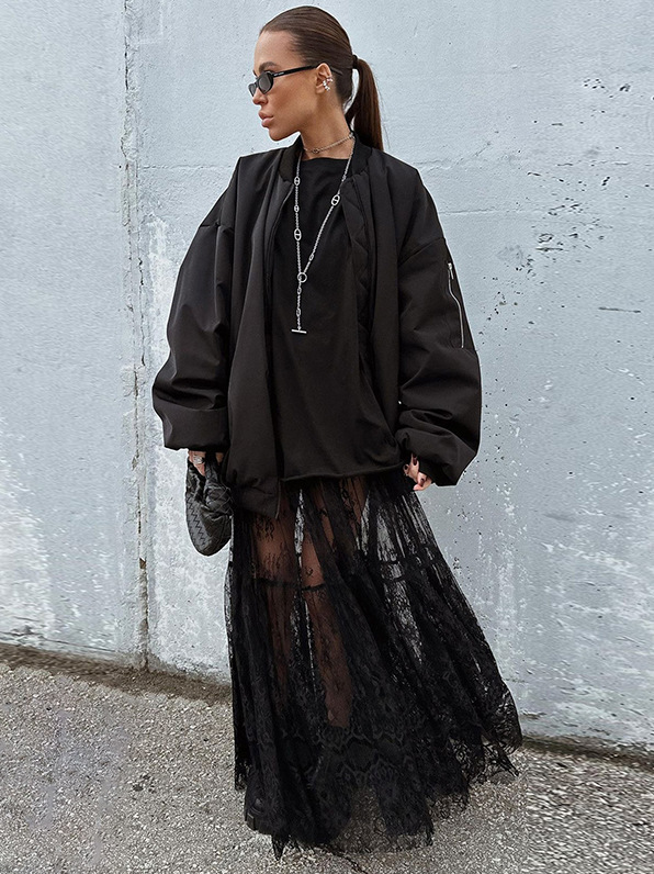Picture of Sexy Lace See-Through High-Waist Commuter Black Skirt for Women Summer 2025 European and American Fashion Mesh Long Skirt Wholesale