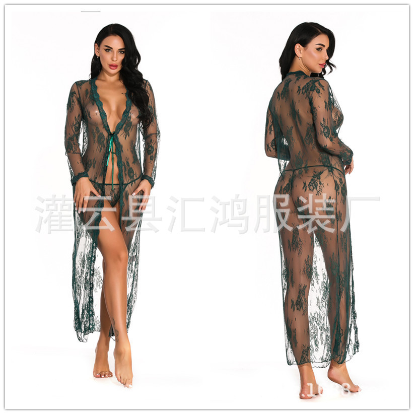 European and American Sexy Lingerie Nightdress Women's Lace Cardigan Long Nightgown Perspective Pajamas with Panties