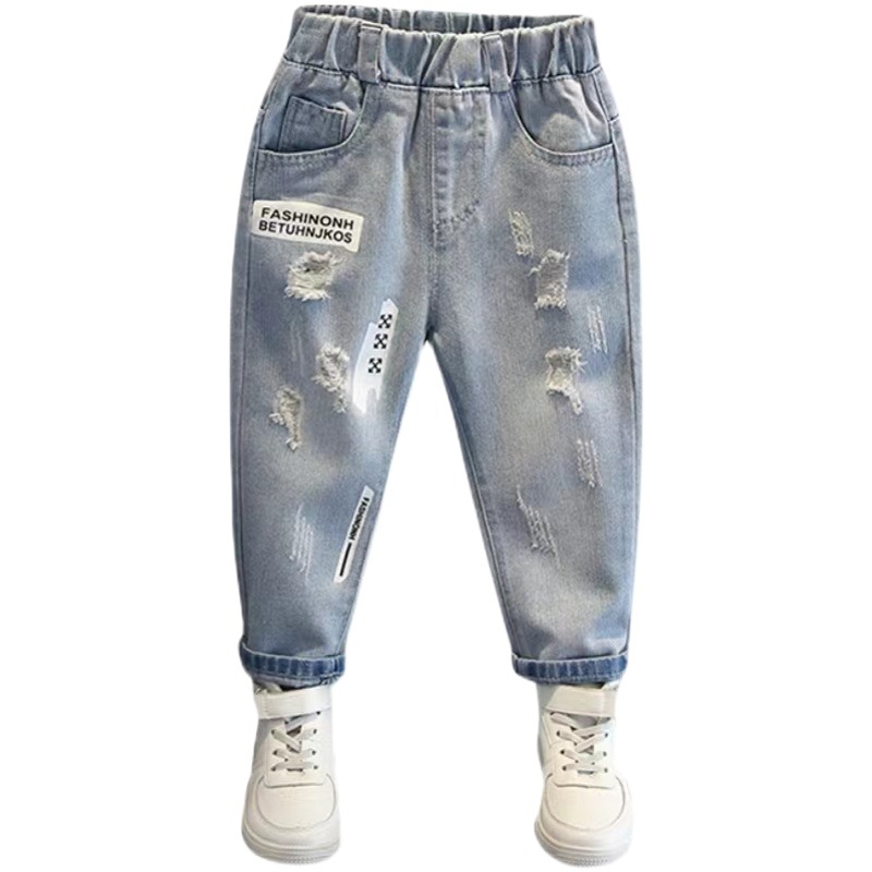 Boys' Pants Spring and Autumn 2024 Light-Colored Children's Jeans for Toddlers and Young Children, Trendy Casual Long Pants, Popular Fashion Brand