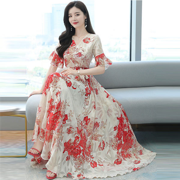 dress Summer Dress Women's Long Dress 2025 New Waist Slim-Fit Slimming Elegant Goddess Fan Short-Sleeved Fairy Dress Trendy