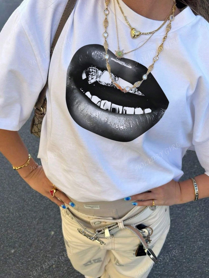European and American Export Shein Summer Hot-Selling 3D Printed Lips Trendyy Fast Fashion Women's Short-Sleeved T-Shirt Pure Cotton