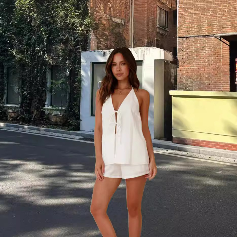 Sexy All-match Cotton and Linen Lace-up Style Casual suit Cross-border Spring and Summer New Niche Backless High Waist Women's Clothing