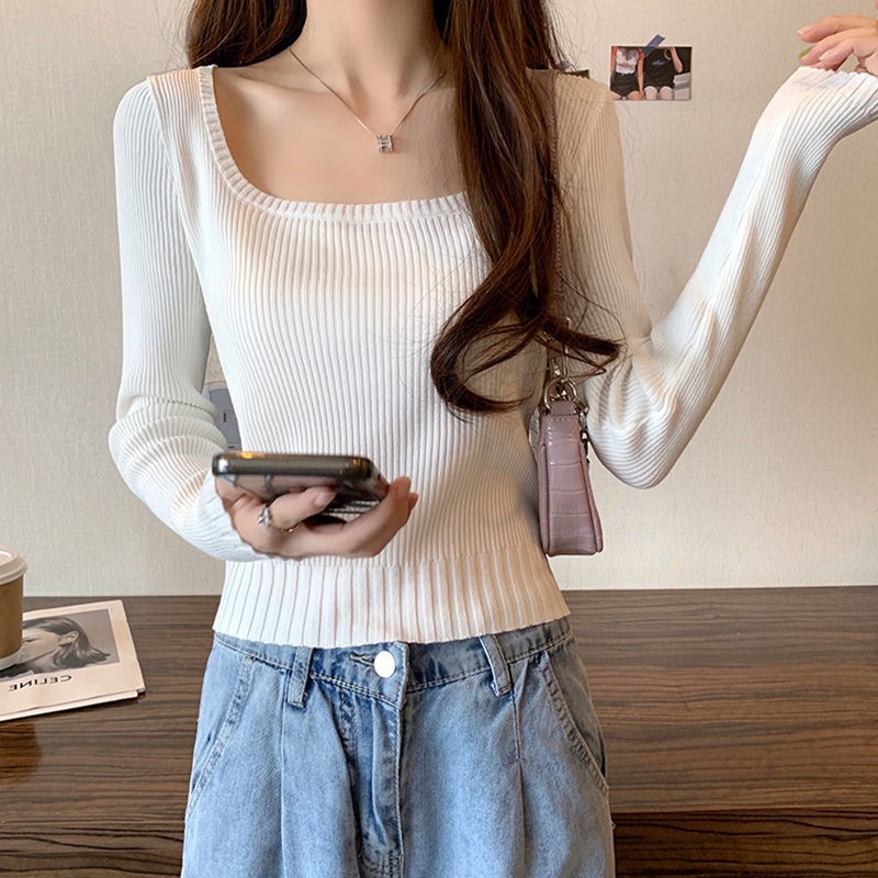 Petite A-Line Slim Versatile Square Neck Outerwear Spring and Autumn Sweater for Women High-Waisted Short Inner Thin Knit Top