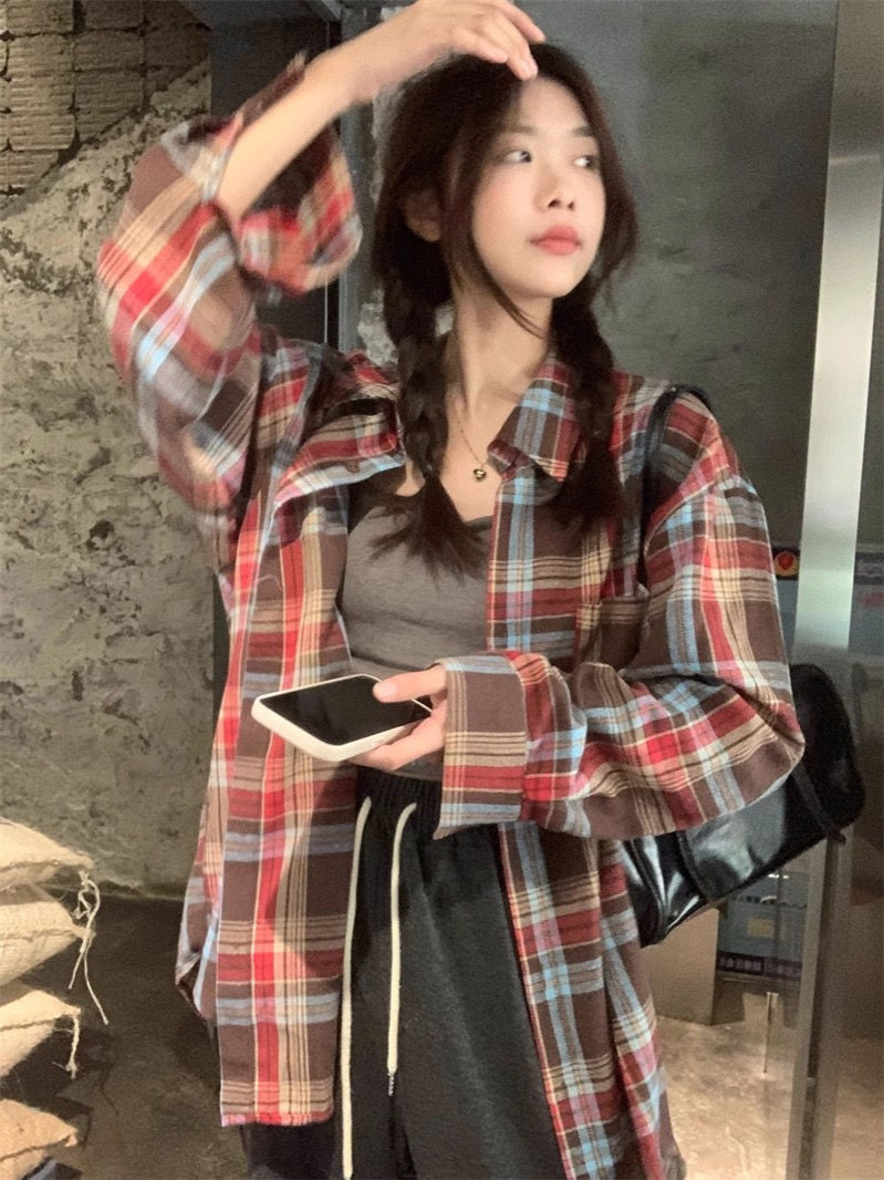 Summer Flush Blue Plaid Stitching Shirt Korean Style Hong Kong Style Distinctive Niche Commuter Street Trendy Loose Shirt Jacket