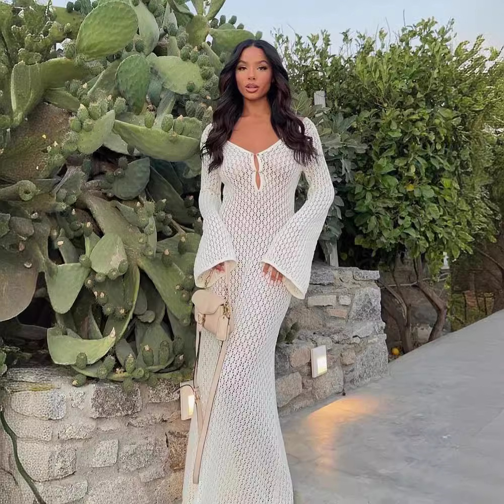 2024 summer cross-border European and American independent station new sexy beach holiday dress long sleeve hollow dress women's clothing