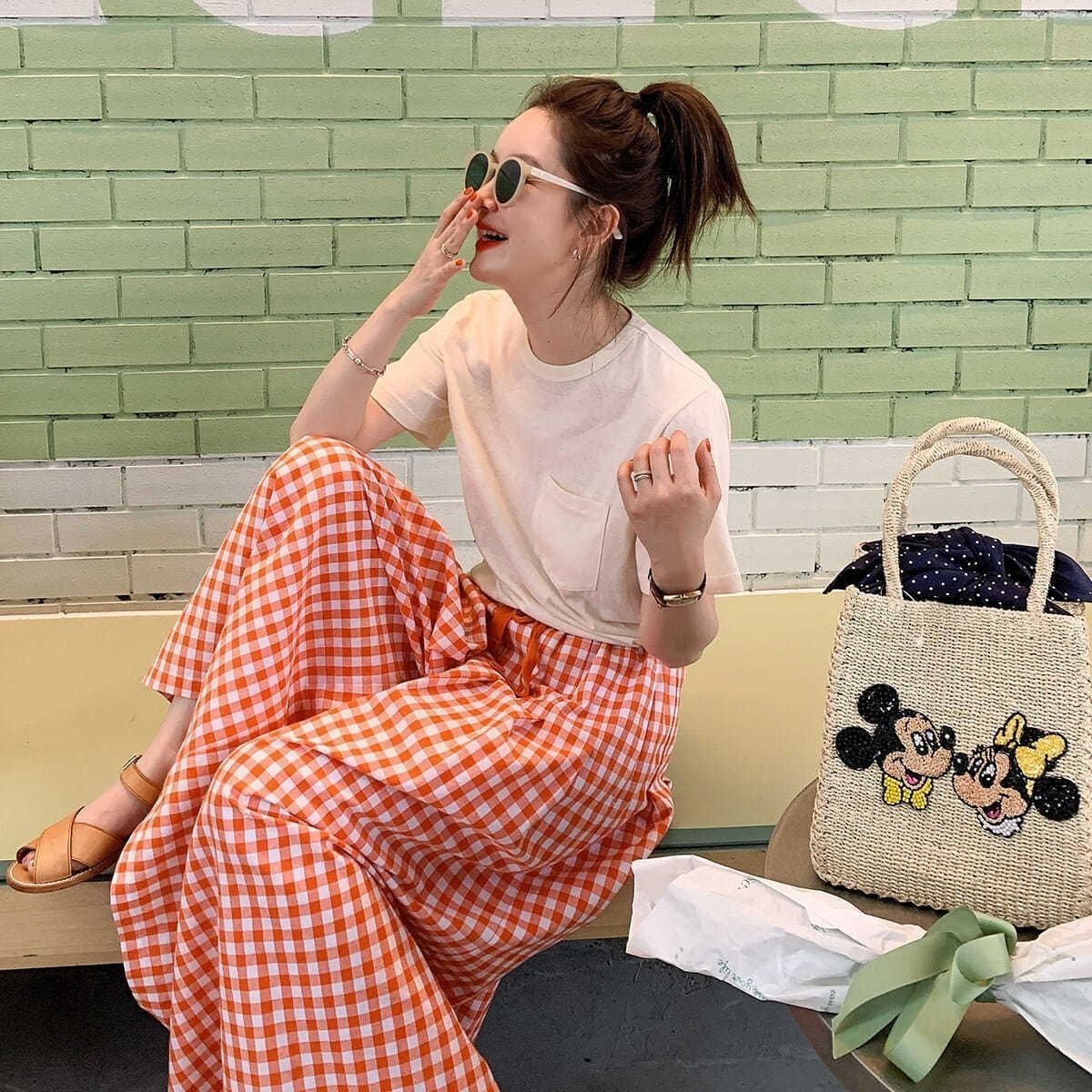 Picture of Summer New 2025 New Arrival Plaid Wide-Leg Culottes Elasticated High Waist Slimming All-Match Trousers Loose Casual Pants for Women