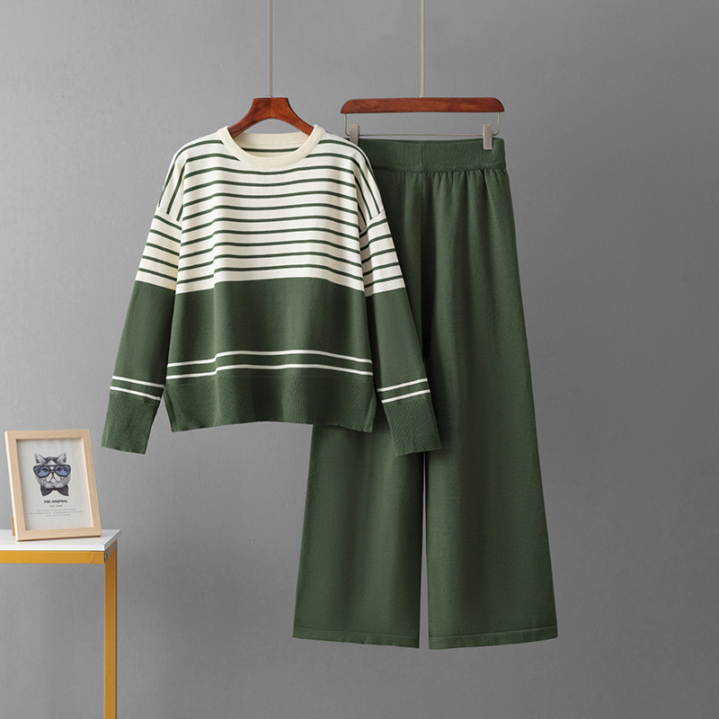 Picture of Cross-border Amazon Autumn and Winter New Foreign Trade Striped Knitted Two-piece Crewneck Sweater Loose Casual Fashion Pants