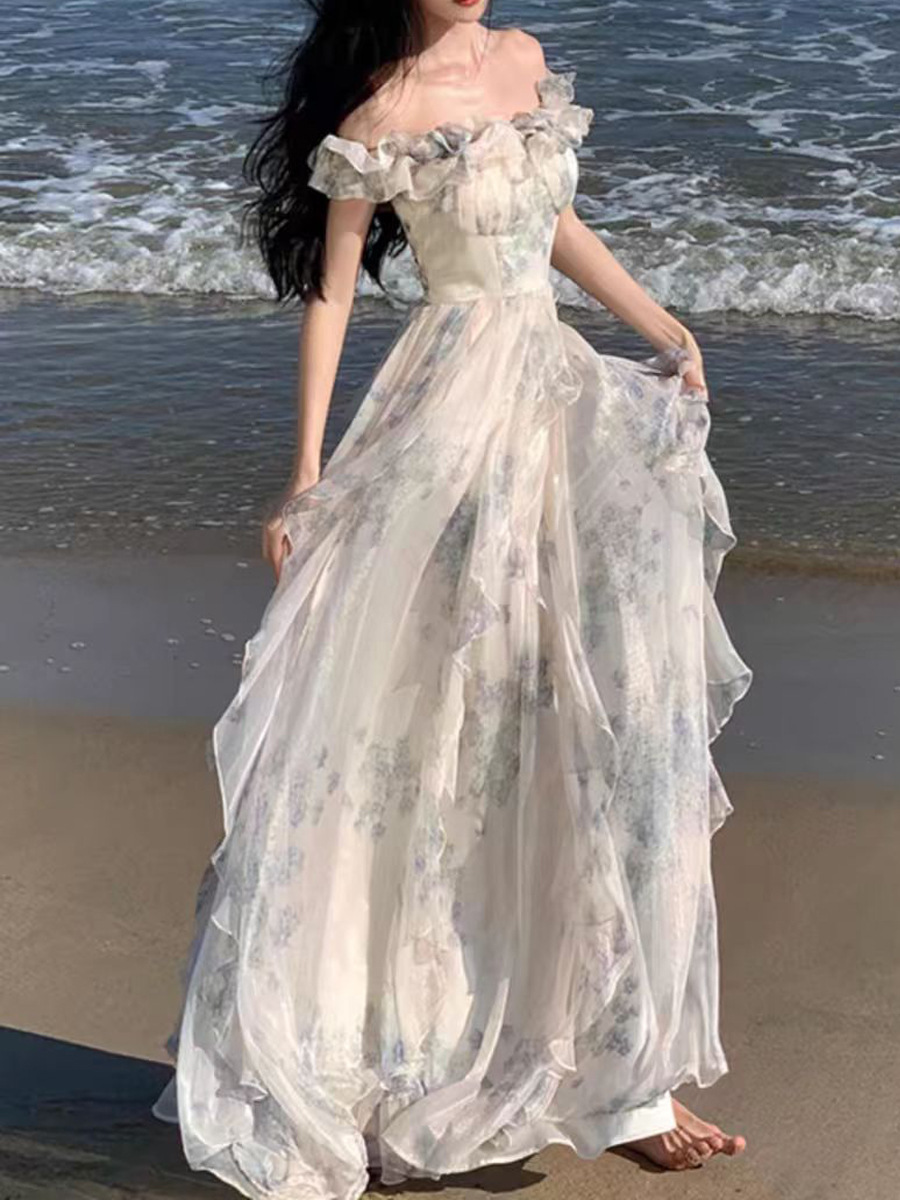 Seaside Holiday Style Suspender Dress Yarn French Ruffled Beach dress Atmosphere Long Dress Elegant Fairy Fan Chao