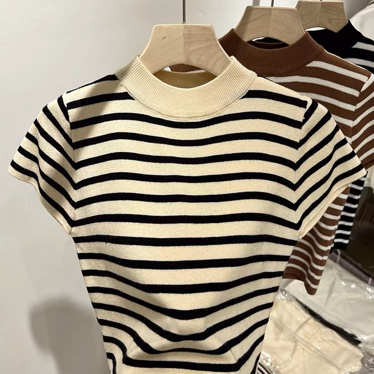 Half Turtleneck Striped Wool Knitwear with Flying Sleeves Slim Shirt Factory Summer New Short-Sleeved Bottoming Shirt Top