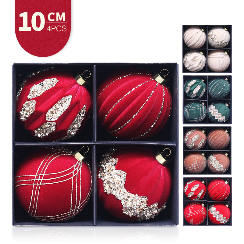 Cross-border new Christmas decorations 10cm/4 colored diamond flocking Christmas ball package Christmas tree pendant