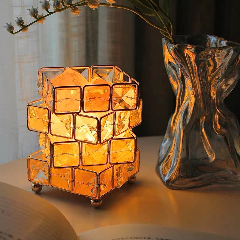 Cross-border Rubik's Cube four-layer crystal desk lamp, natural crystal salt stone bedside night lamp, princess decoration, internet celebrity girl