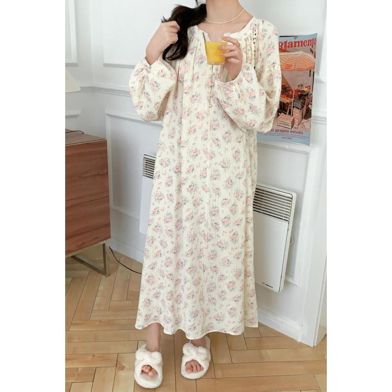 Picture of Real shot 2024 autumn Korean ins new floral pearl buckle V-neck long pajamas ladies home clothes nightgown wholesale