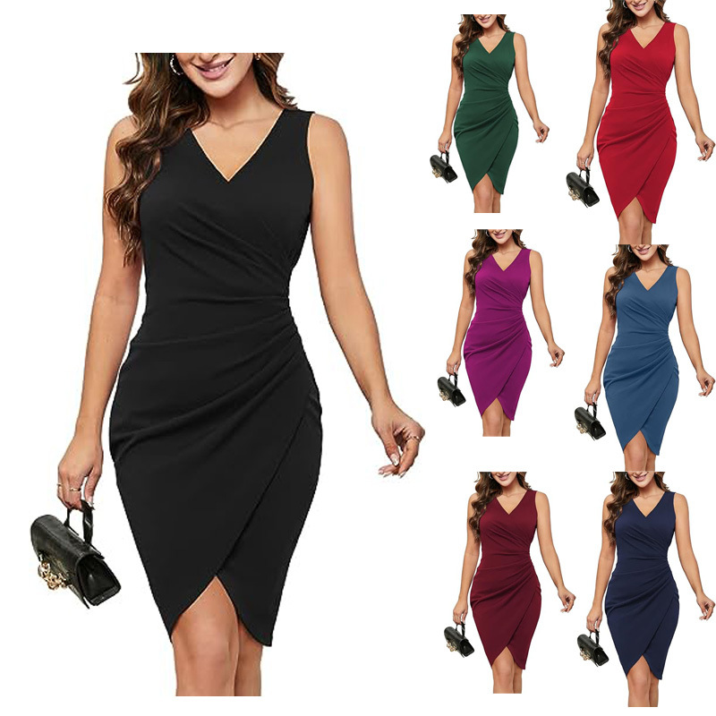 2023 Amazon Cross Border Women Sexy V-Neck Sleeveless Faux Wrap Ruffle Tight Cocktail Party Work