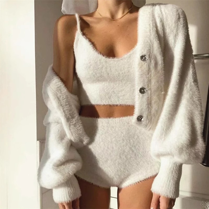 Mohair Furry Long-Sleeved Knitted Cardigan Autum Female Stylish New Fashion V Neck White Chest-Wrapped Shorts