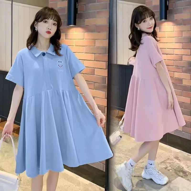 Pregnant Women Summer Short-sleeved Skirt Pregnant Full Stage Loose Belly Covering Trendy Mom POLO Collar Smiley Midi dress