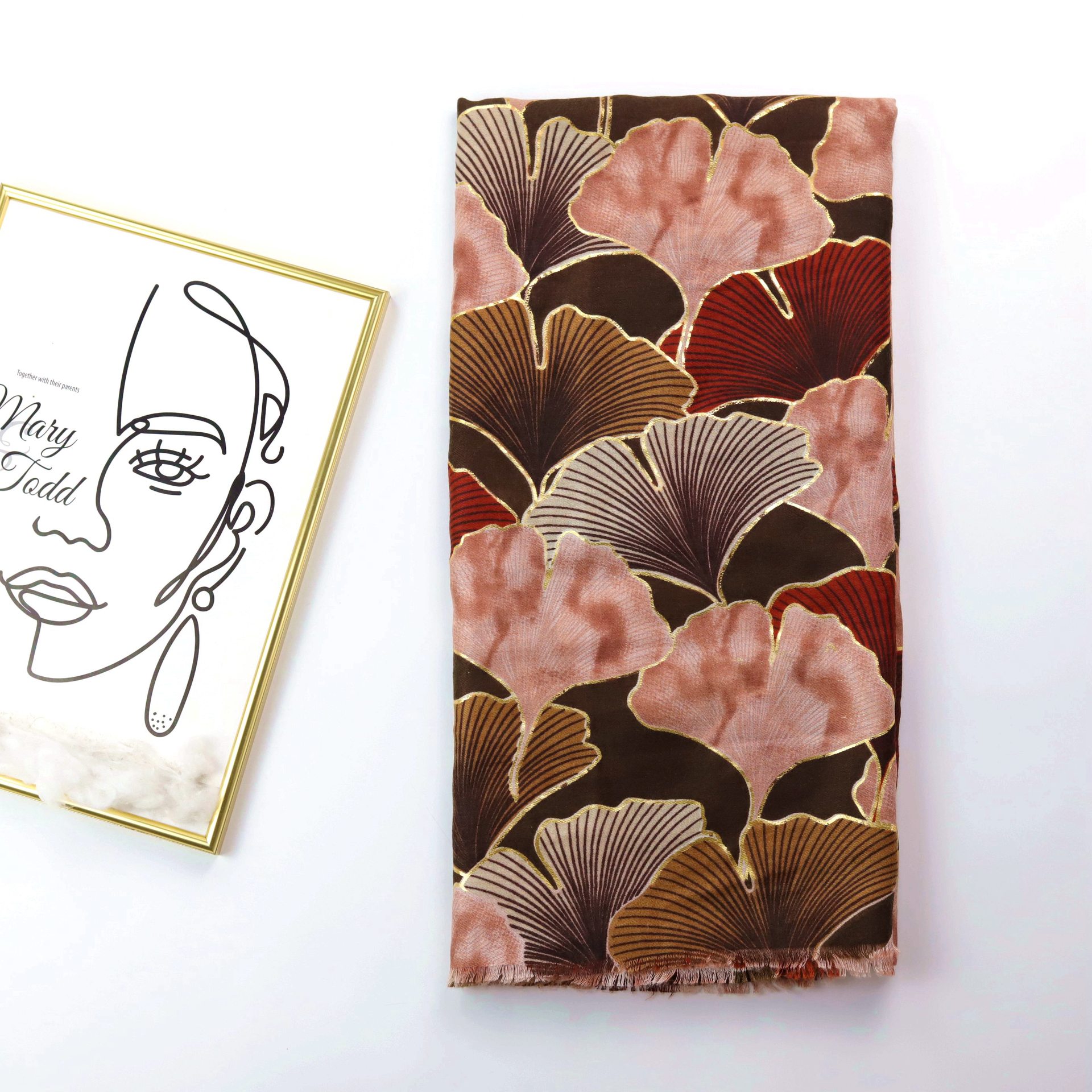 Picture of Factory Sold Cross-border Foreign Trade Bronzing Color Ginkgo Printed Long Scarf Satin Cotton Women's Autumn and Winter Scarf Warm Sunscreen Shawl
