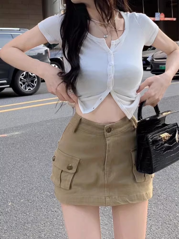 khaki Denim Skirt Women's 2024 Autumn Sexy Spice Girl A- line Skirt High Waist Slimming Anti-glare Workwear Skirt