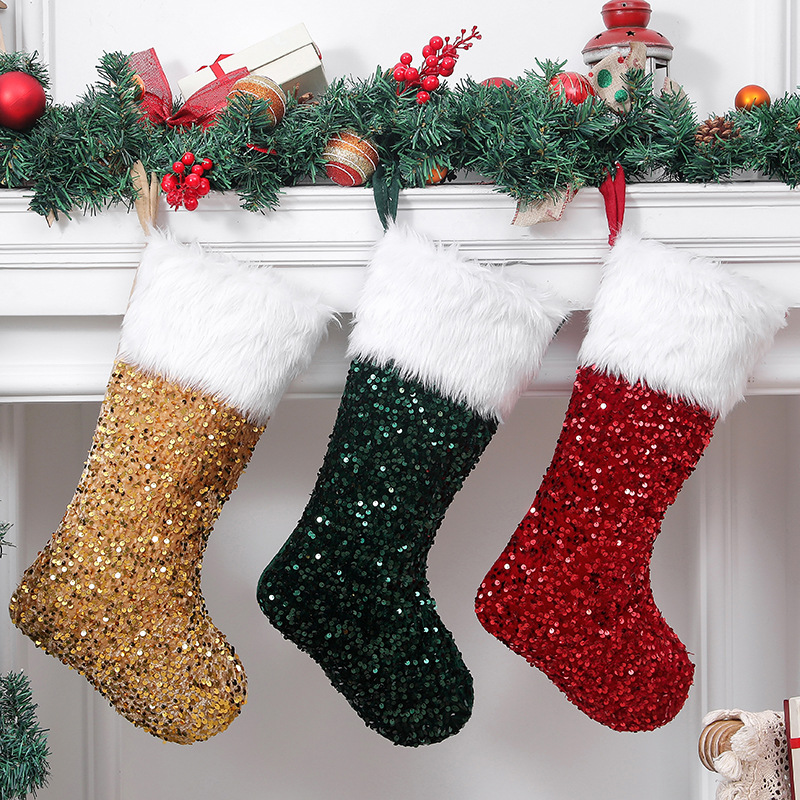 Qingyan Cross-Border Foreign Trade New Christmas Decorations Sequined Plush Christmas Socks Kidsren's Gift Bag Hangings