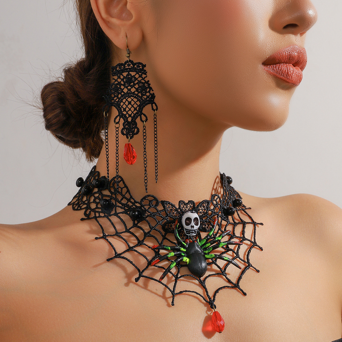European and American Cross-Border Halloween Skull Spider Lace Necklace Earrings Two-Piece Set for Women Retro Personalized Collar Earrings