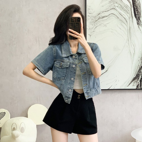 Picture of Vintage Little Denim Shirt Coat Women's Short-sleeved Summer Loose Design Sense Casual All-match Short Top Clothes