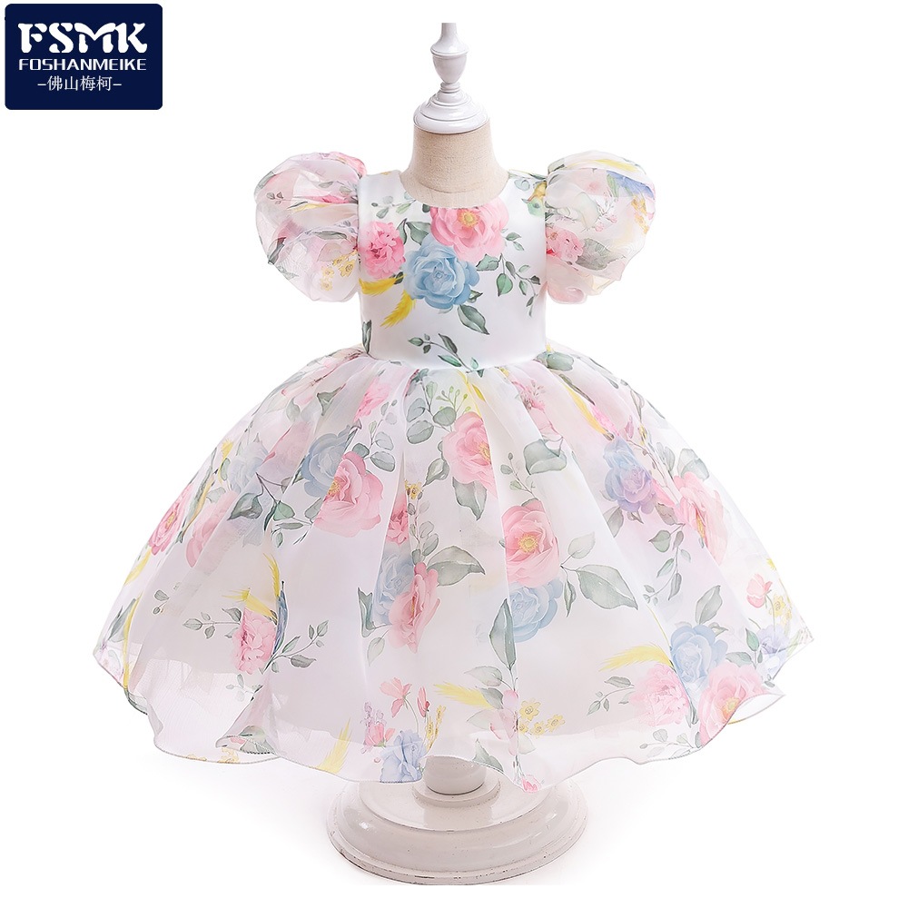 Picture of 2024 Summer New Girls' Dress European and American Puff Sleeve Princess Dress Children Floral Dress Mesh Tutu Dress