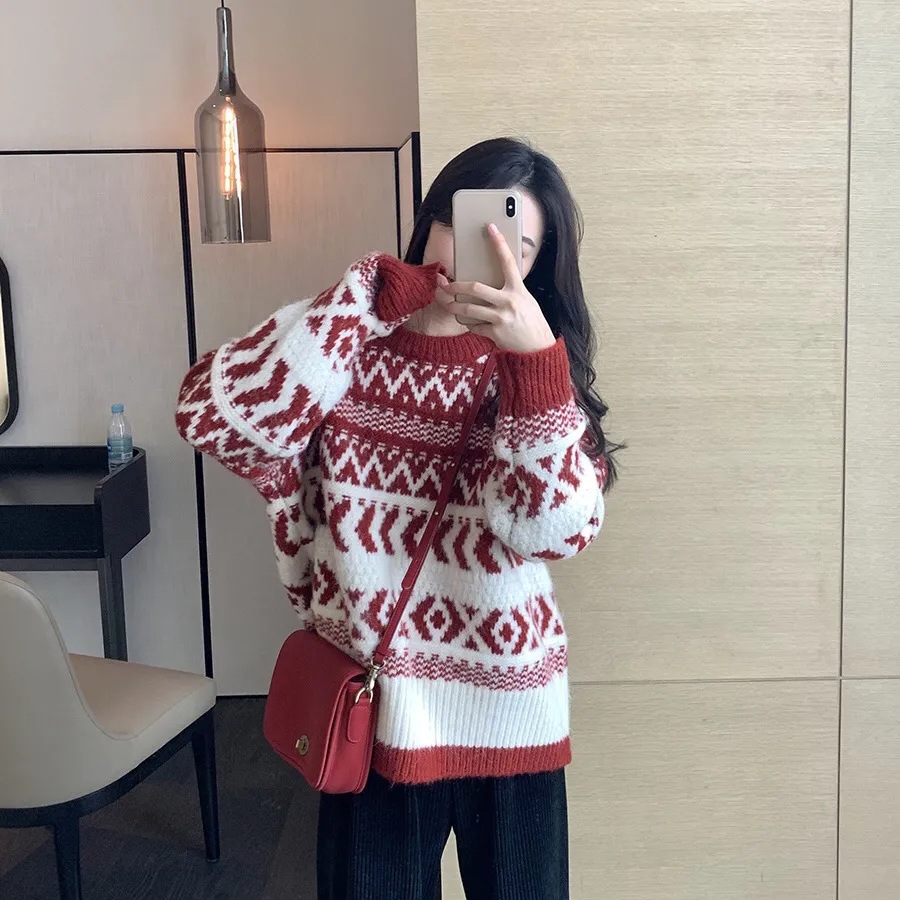 Picture of Factory Spring and Autumn New Women's Vintage Loose Casual Jacquard Ethnic Thick Geometric Pattern New Year Christmas Sweater