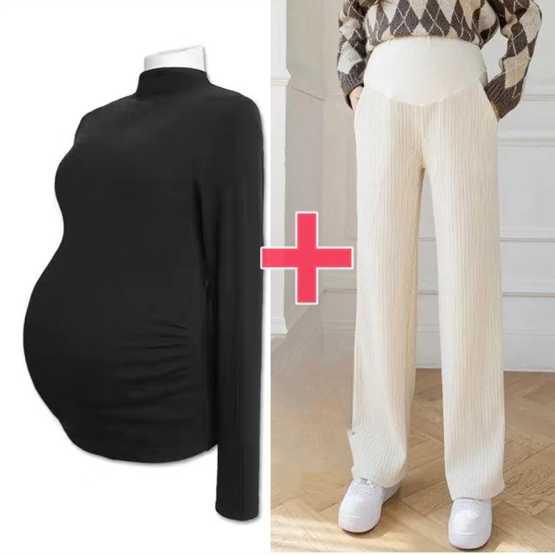 Picture of Pregnant women's clothing fashion spring autumn winter two-piece pregnant women adjustable abdominal pants solid color velvet warm bottoming shirt suit