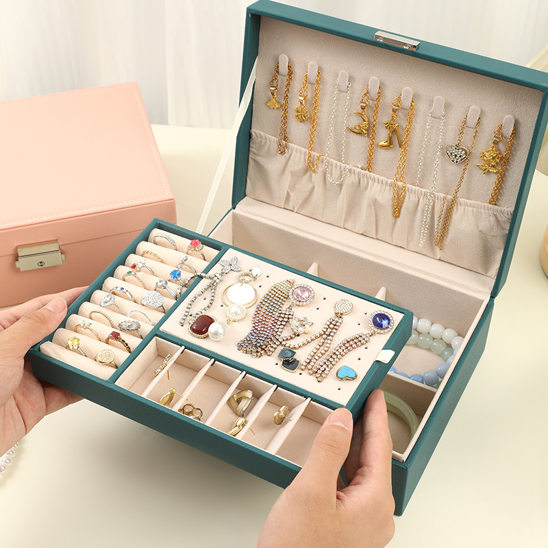 In-Stock Pu Lockable Jewelry Box for Rings, Earrings, Necklaces, and Accessories, Double-Layer Large Capacity Jewelry Box