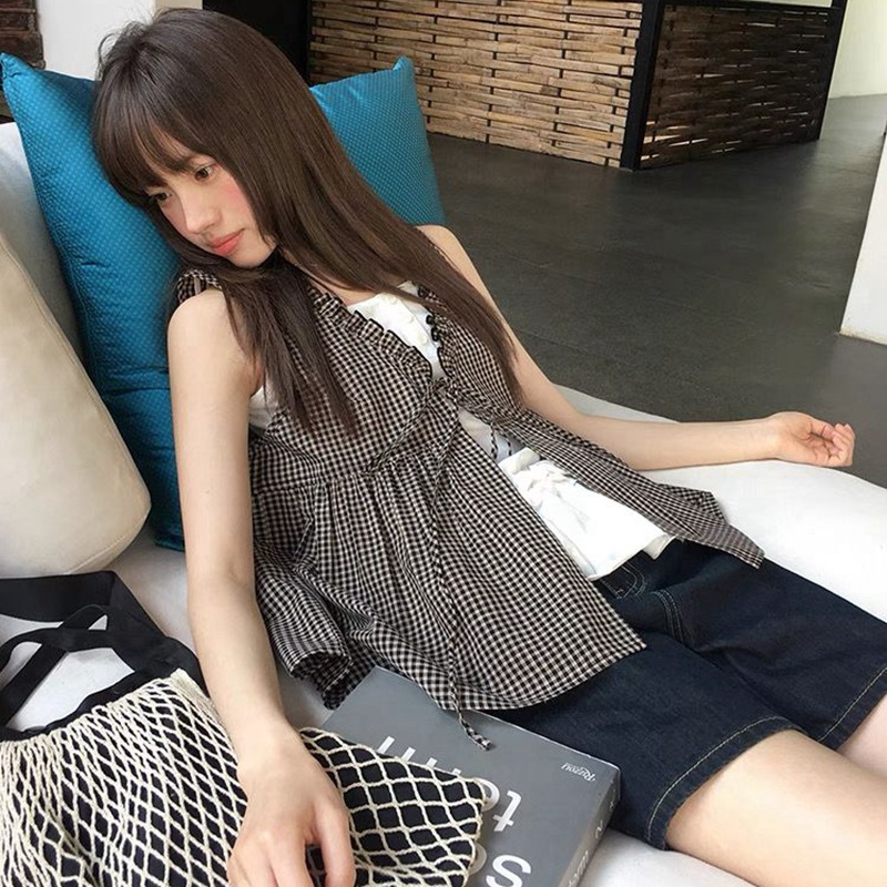 Summer New Korean Retro Style High-End Small Suspender + Plaid Cardigan Shirt Sleeveless Two-Piece Top