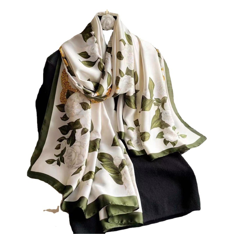 2025 K-Style of Silky Brocade Forged Long Scarf Water Lily Printed Silk Scarf Chinese Style Silk Silks and Satins Women's Beach Towel