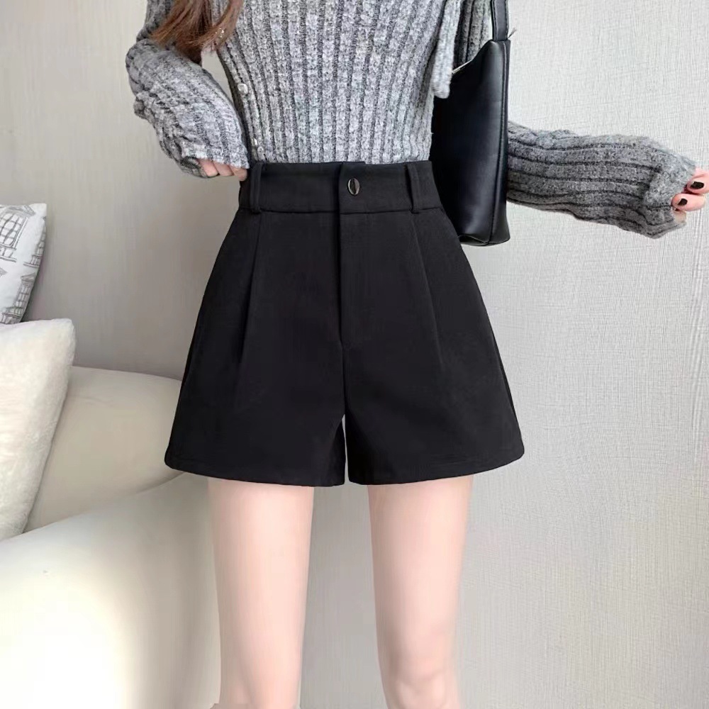 Plus size black woolen shorts women's autumn and winter high waist A- line outer wear boot pants fashion loose casual suit wide leg pants