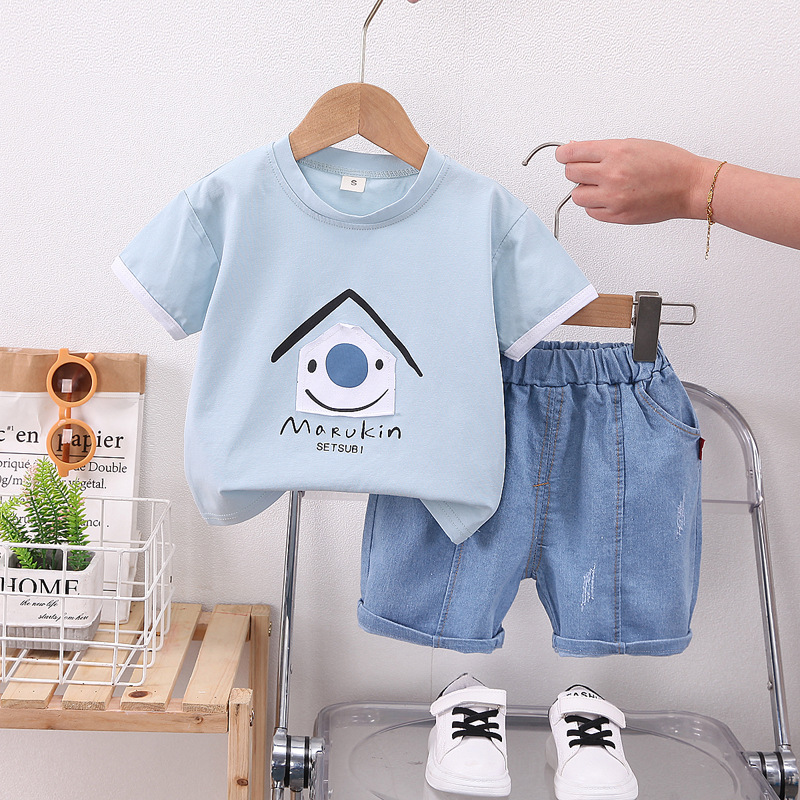 2023 Children's Wear Summer New Boys' Baby Cartoon Big Nose House Short-sleeved Denim Shorts Two-piece Fashionable